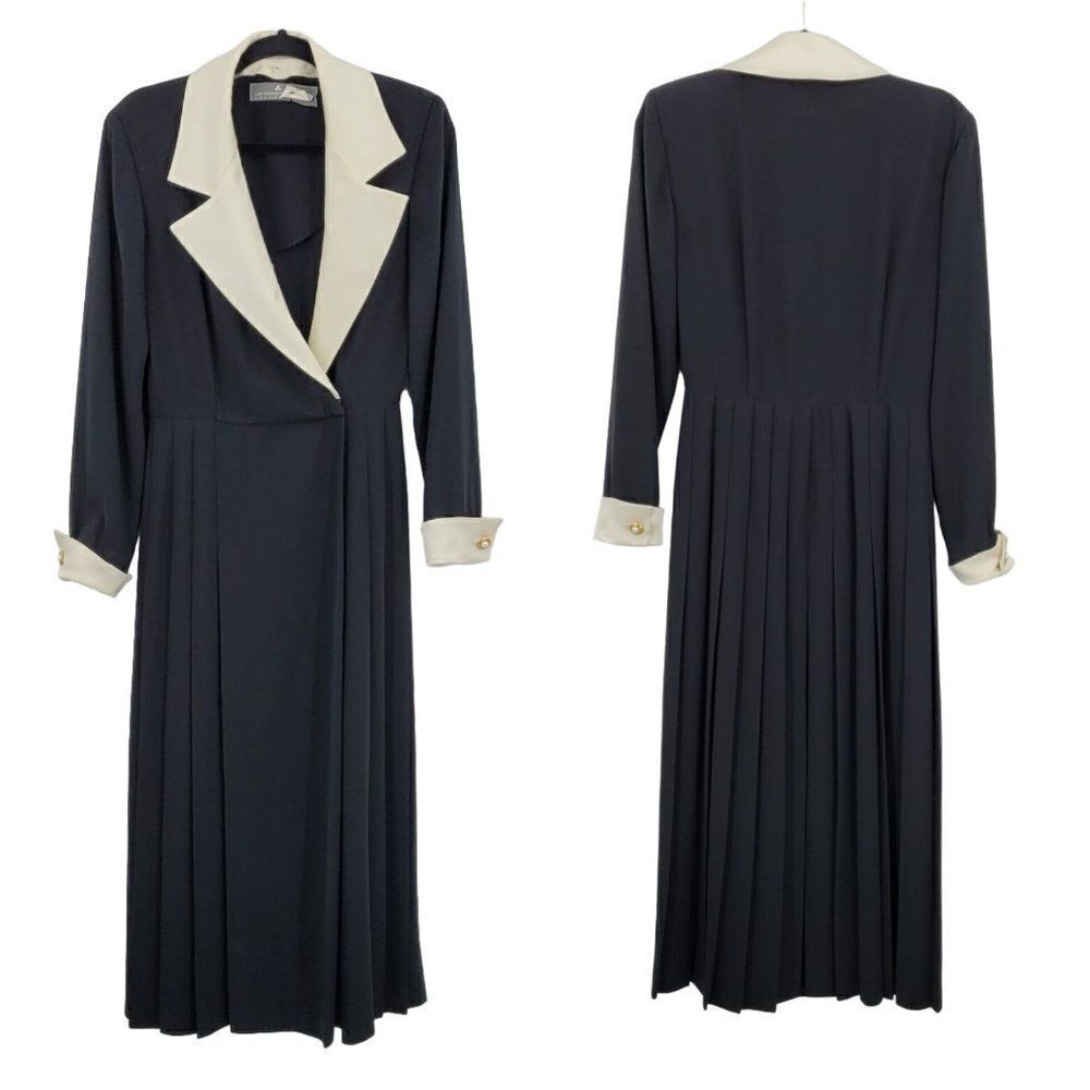 Vintage Liz Claiborne Modest Maxi Dress XS Black Color Block Long Sleeve Pleated